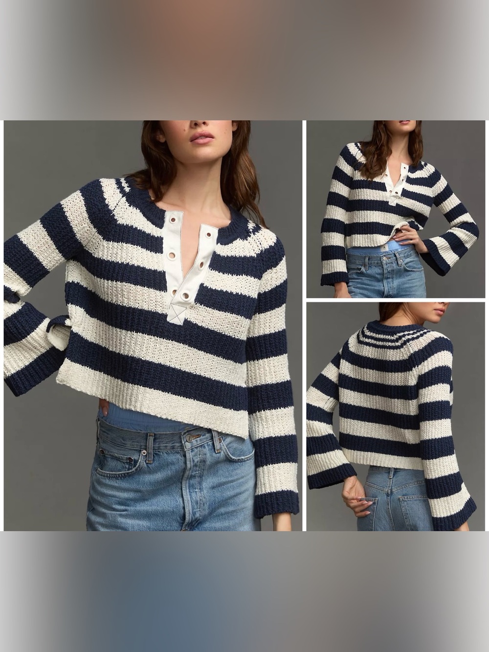 NWOT Anthropologie Pilcro Bell-Sleeve Henley Sweater - white ivory navy - Small
